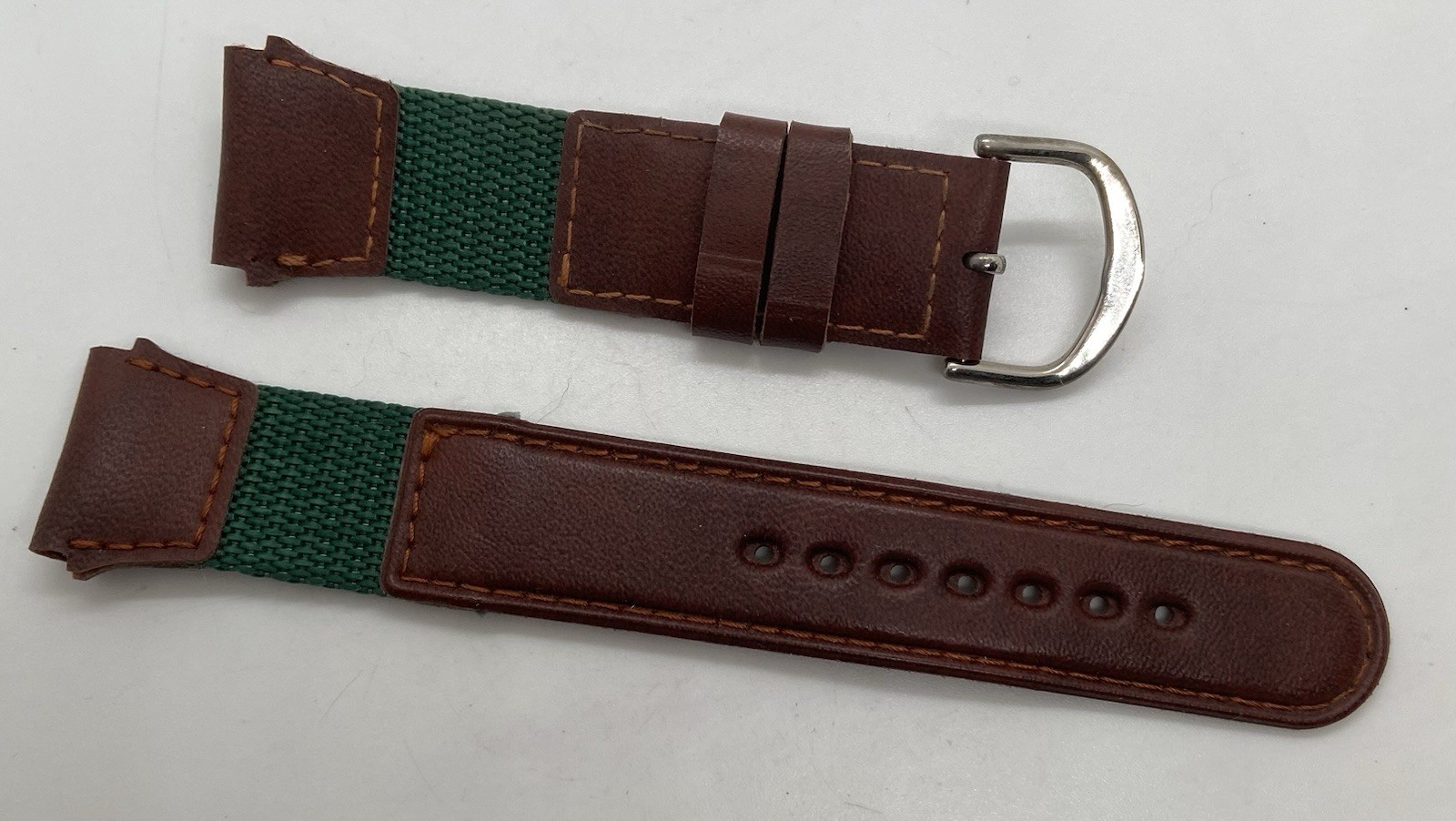 WATCH STRAP Brown Faux Leather With Green Canvas Accents 20mm Lugs Silver Buckle