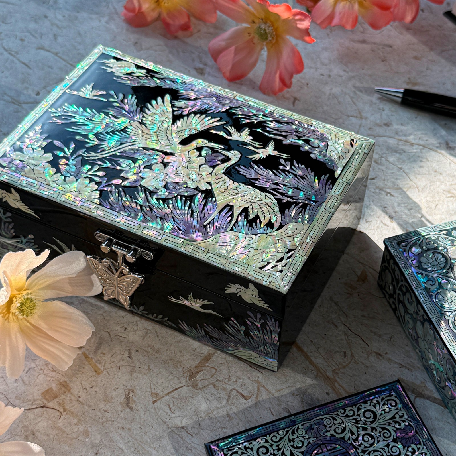 Korea Traditional Mother of Pearl Jewelry Box Crane Design wood trinket box