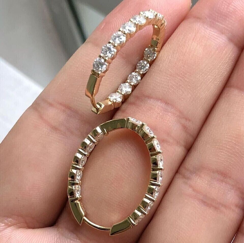 Inside Outside Hoop Earrings Round Simulated Diamond In 14K Yellow Gold Plated