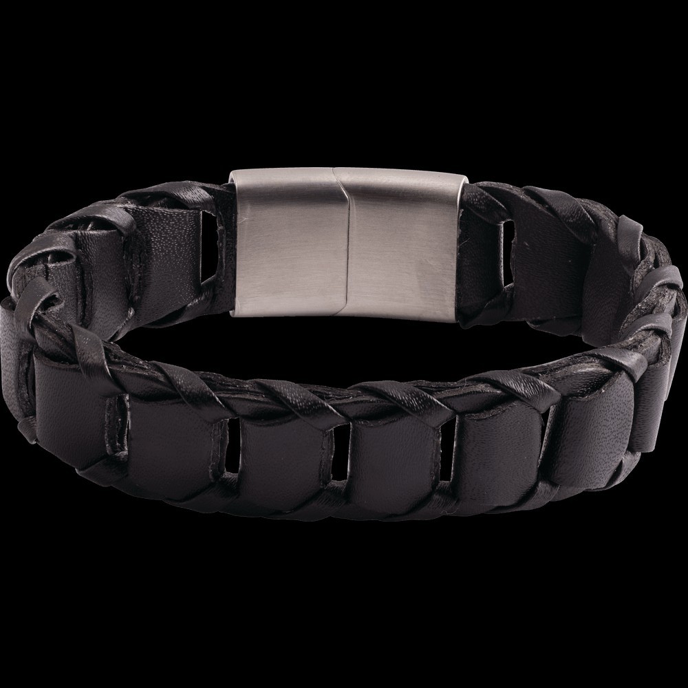 Black Leather Cord Braided Bracelet, Stainless Steel Magnetic Clasp 8 in. STU