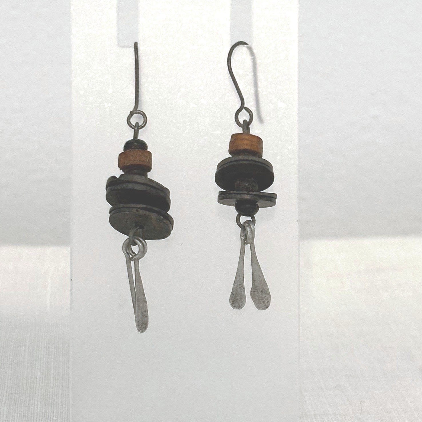 Artisan Mixed Media Stacked Wood and Stone Dangle Earrings Silver Tone Boho
