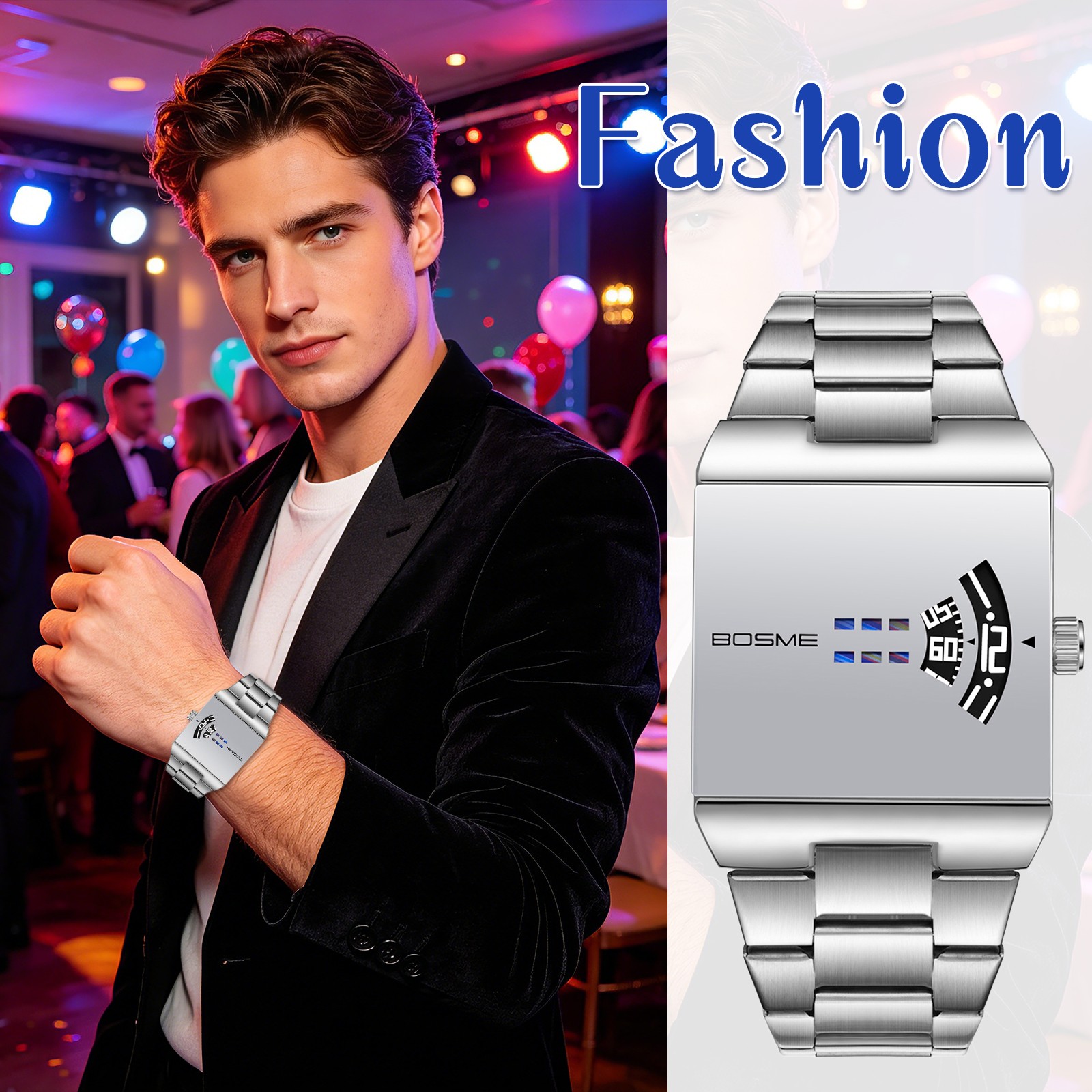 Men’s Steampunk Stainless Steel Square Wrist Watch No-Hand Jumping Hour Display