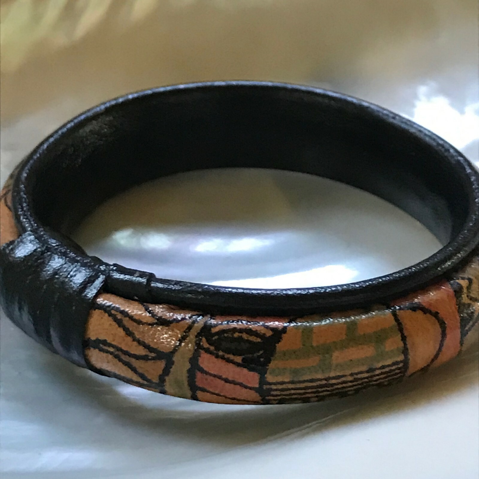 Estate Black with Brown Faded Blue Pink & Orange Arts & Craft Leather Bangle