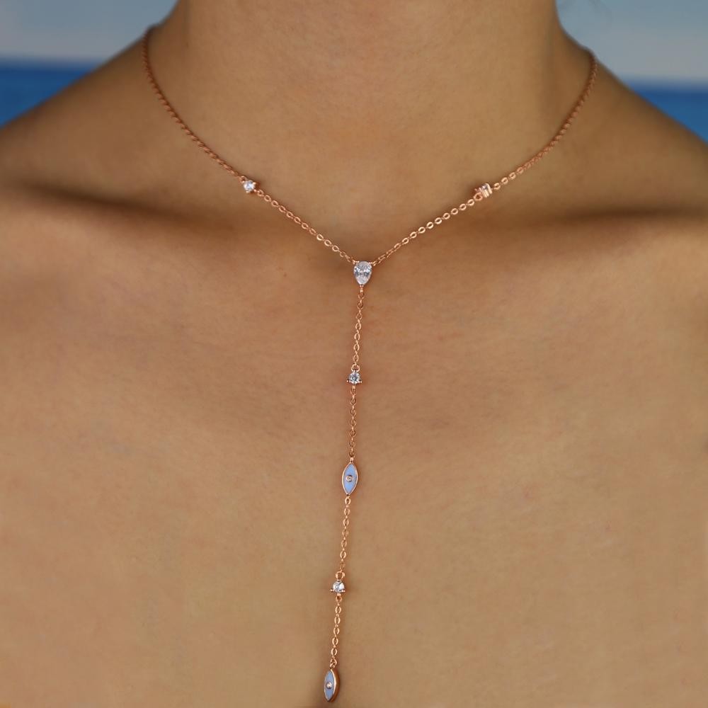 Enamel Evil‑eye Charm Y‑lariat Necklace with White Cz Links, Cute and Stylish Fo