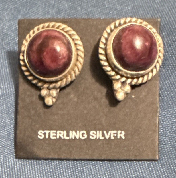 Handmade Sterling Silver Purple Spiny Oyster Round Stud Earrings Southwestern
