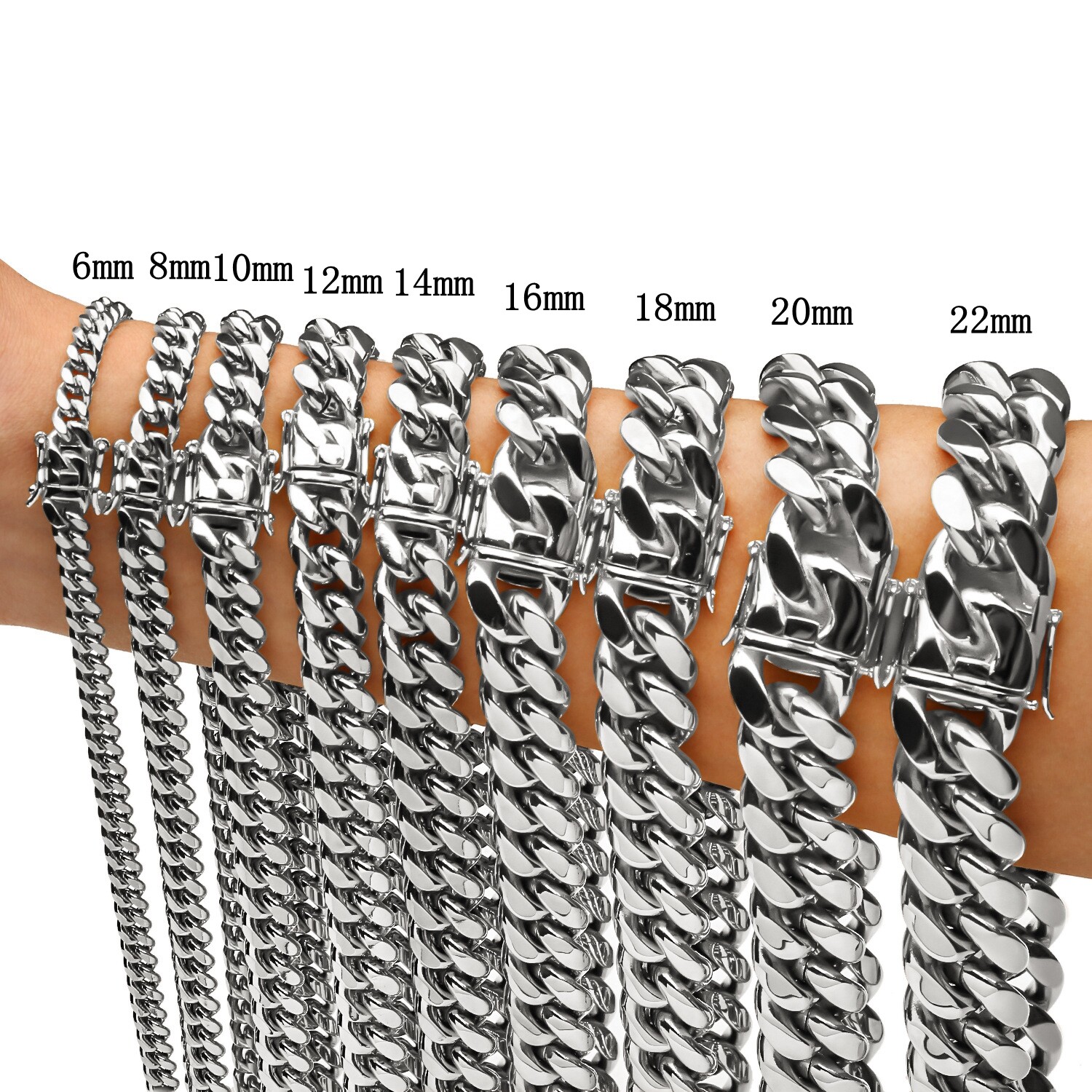 6-22mm Hip Hop Stainless Steel Miami Cuban Link Chain Necklace Silver Color