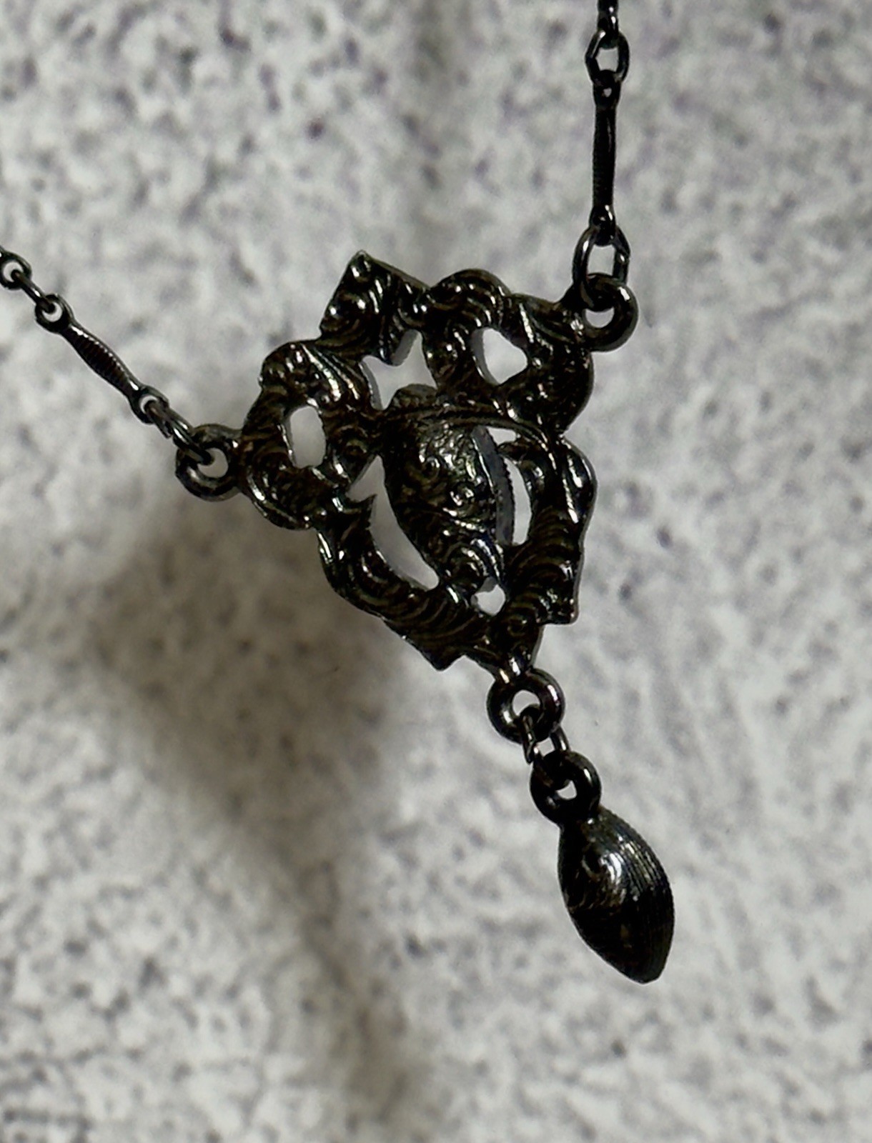 VTG 1928 Jewelry Co Black Rhinestone Marquise Y Drop Necklace Gunmetal Gothic