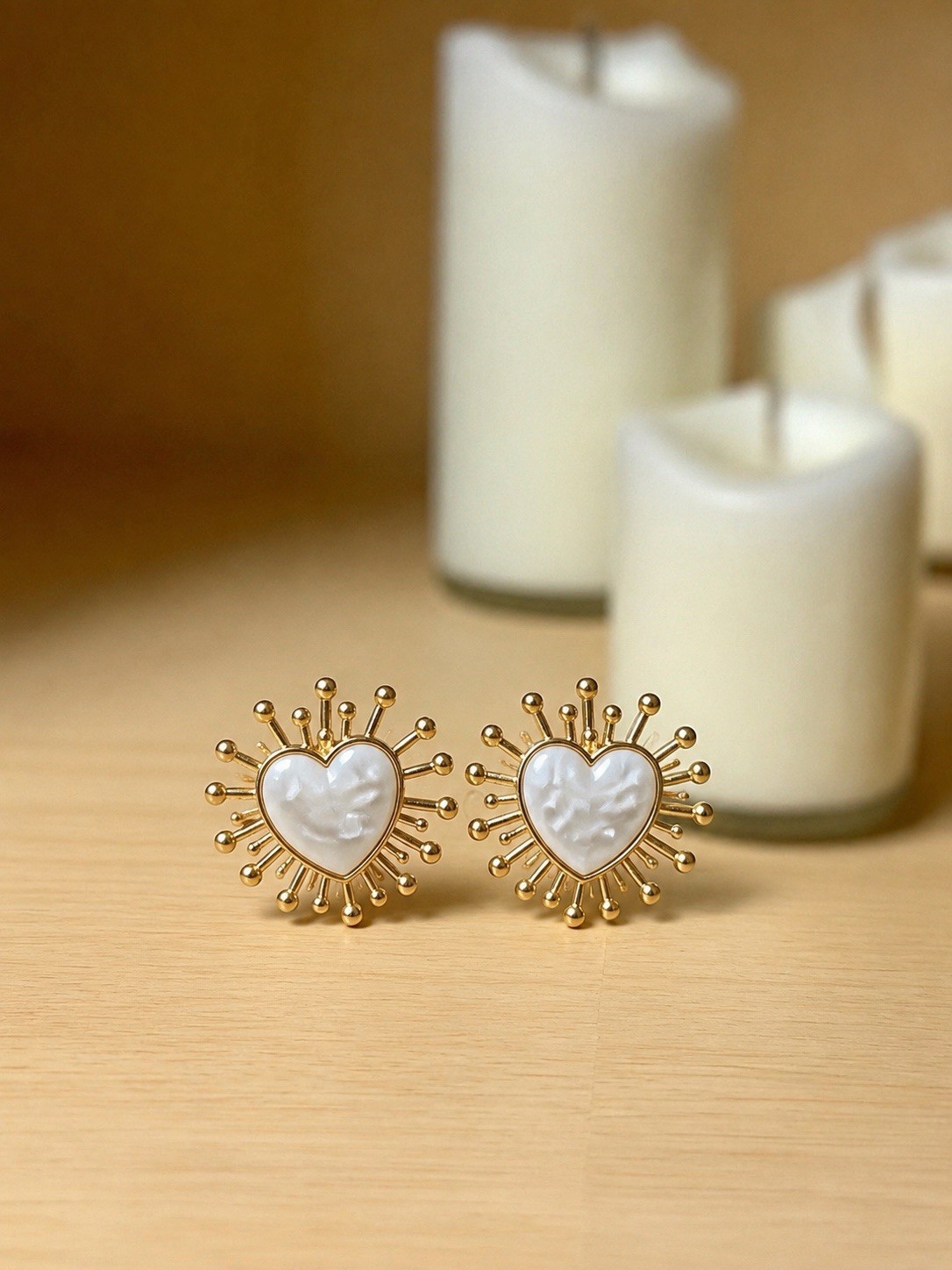 Gold Heart Stud Earrings, Mother of Pearl Heart Earrings, Sunburst Earrings