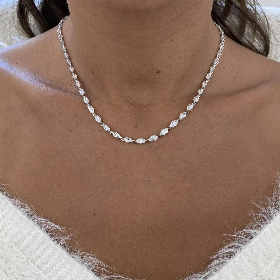 9.3CT Marquise Lab Created Diamond Women’s Tennis Necklace 14K White Gold Finish