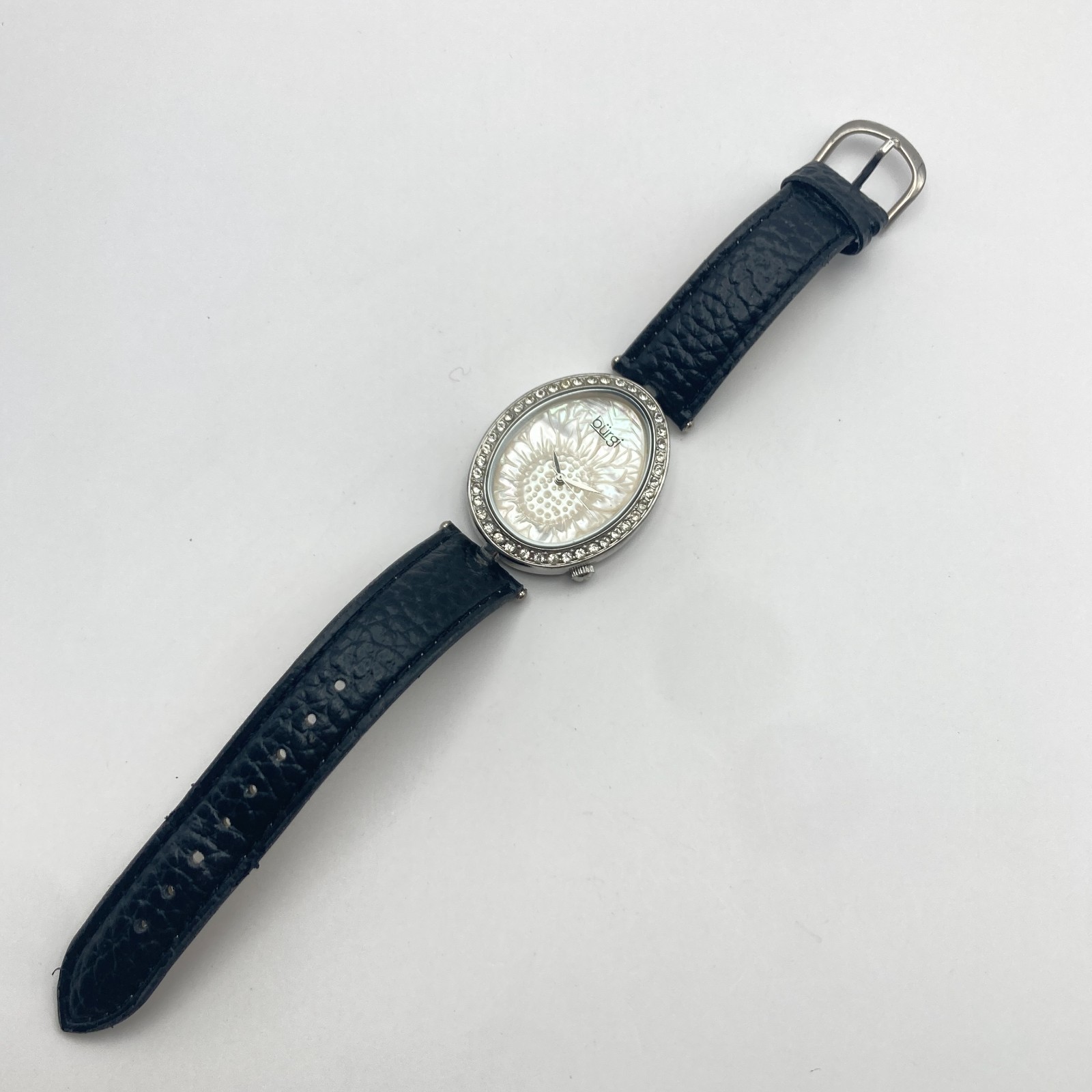 Burgi Women’s Watch Silver Tone Crystals Floral Dial 33mm Oval New Battery 8.75″