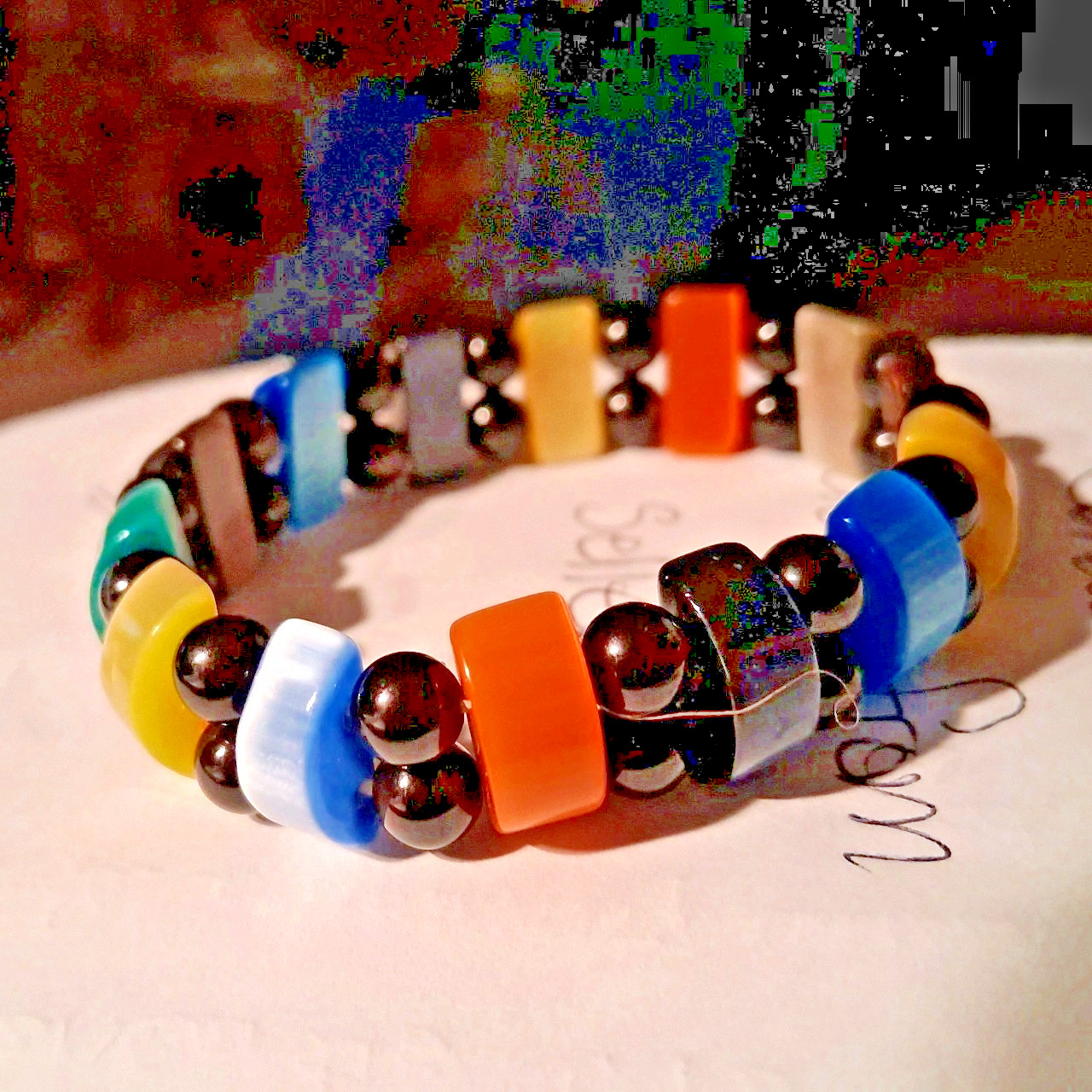 Womens Vintage Multi-color Half Circles & Black Plastic Beads Stretch Bracelet