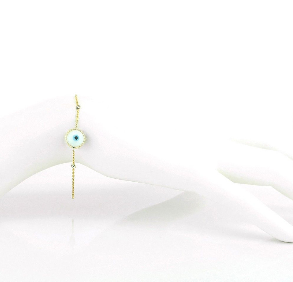 Handmade 14K Yellow Gold Evil Eye Bracelet With Diamonds – White 7.5 Inches