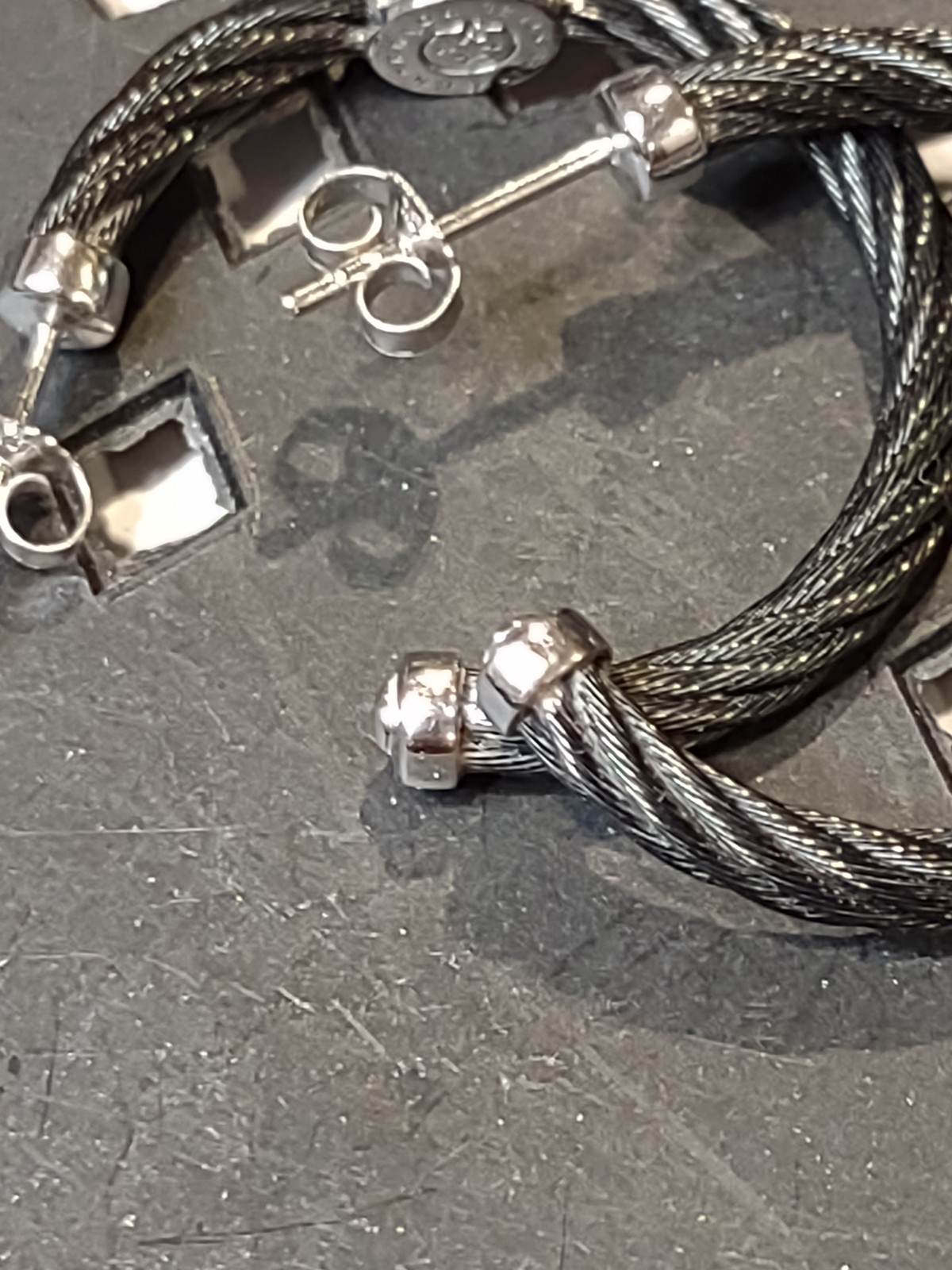 Charriol Black Steel Cable Hoop Earrings With 18Kt White Gold And Diamonds