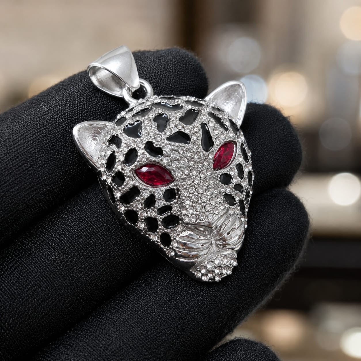 Iced Out Leopard Head Pendant Silver Stainless Steel Blue Red Green Eyes