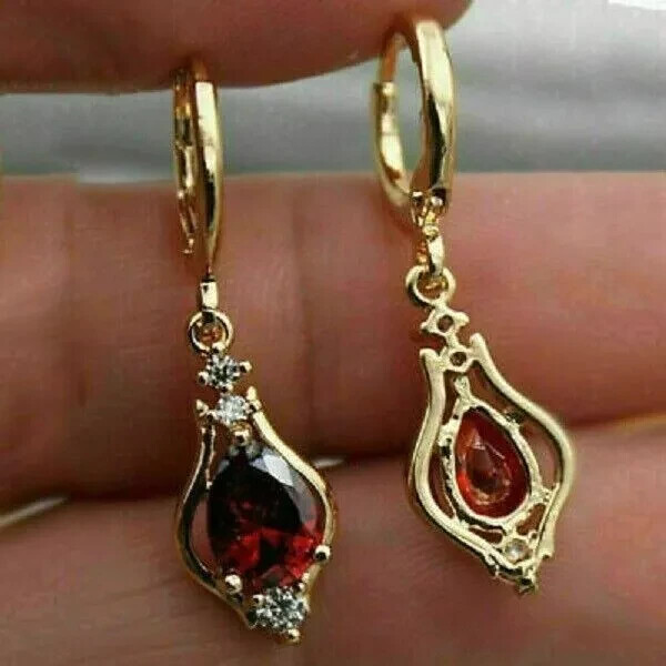 4Ct Pear Cut Red Garnet & Diamond Drop/Dangle Earring’s 14K Yellow Gold Finish
