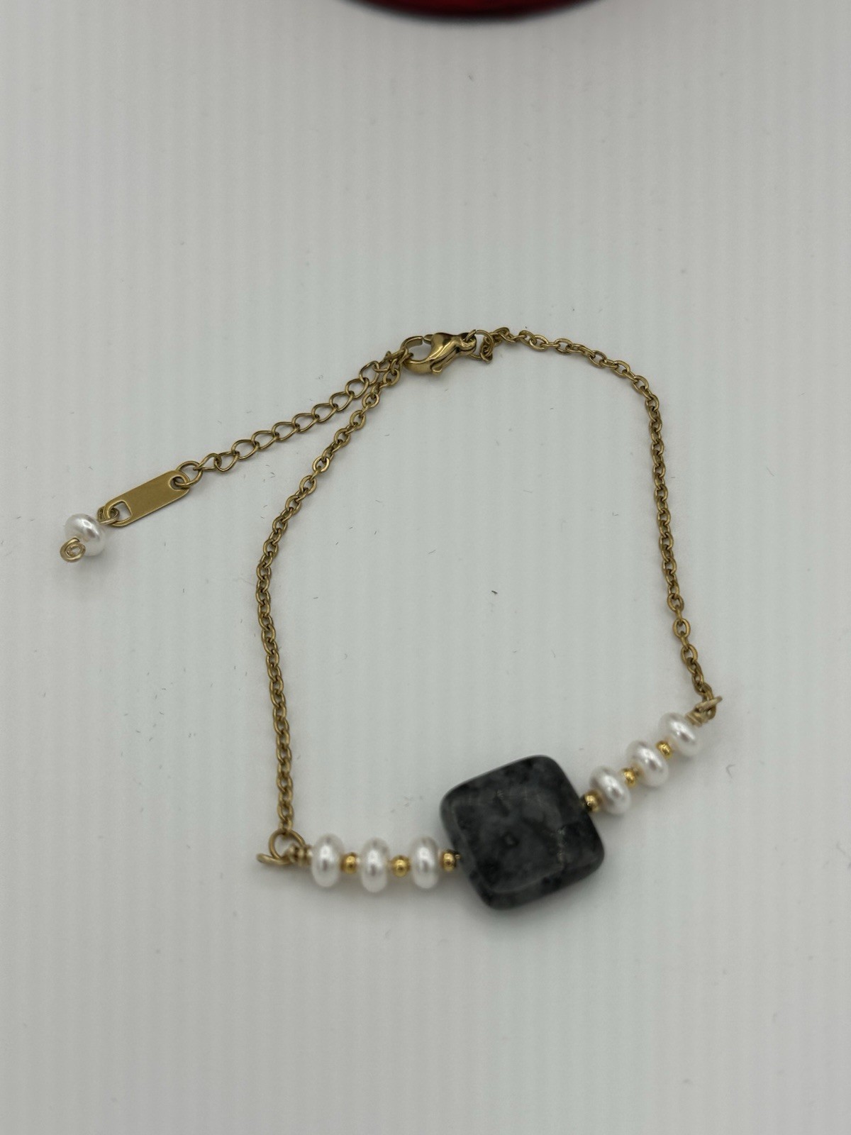 Adj 8.25-9.5” (Large) Larvikite & Glass Pearl Bracelet, 18K Over Stainless Steel