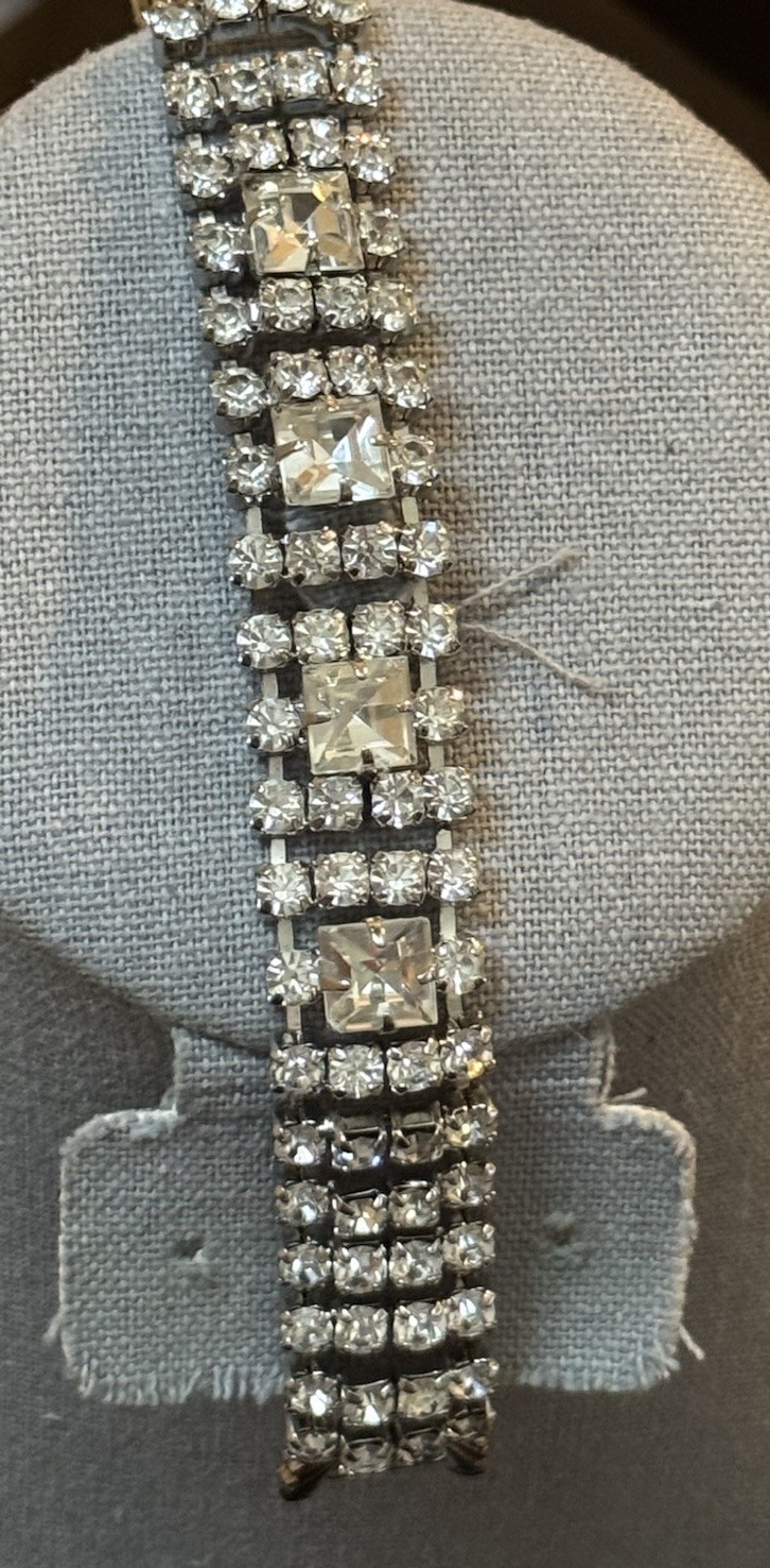 Vintage Weiss? Wide Silver Tone Domed Rhinestone Bracelet 4 Row
