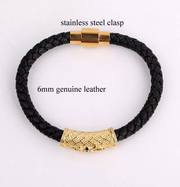 Genuine Leather Stainless Steel Gold/Silver/Black Plated Bracelet & Cubic Zircon