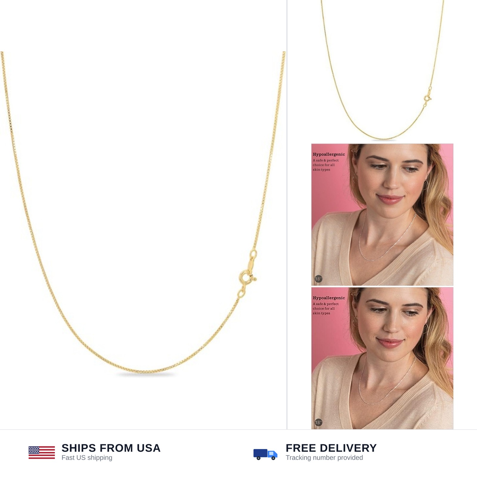 KEZEF 18K Gold Plated 925 Sterling Silver Box Chain Necklace for Women, 1mm T…