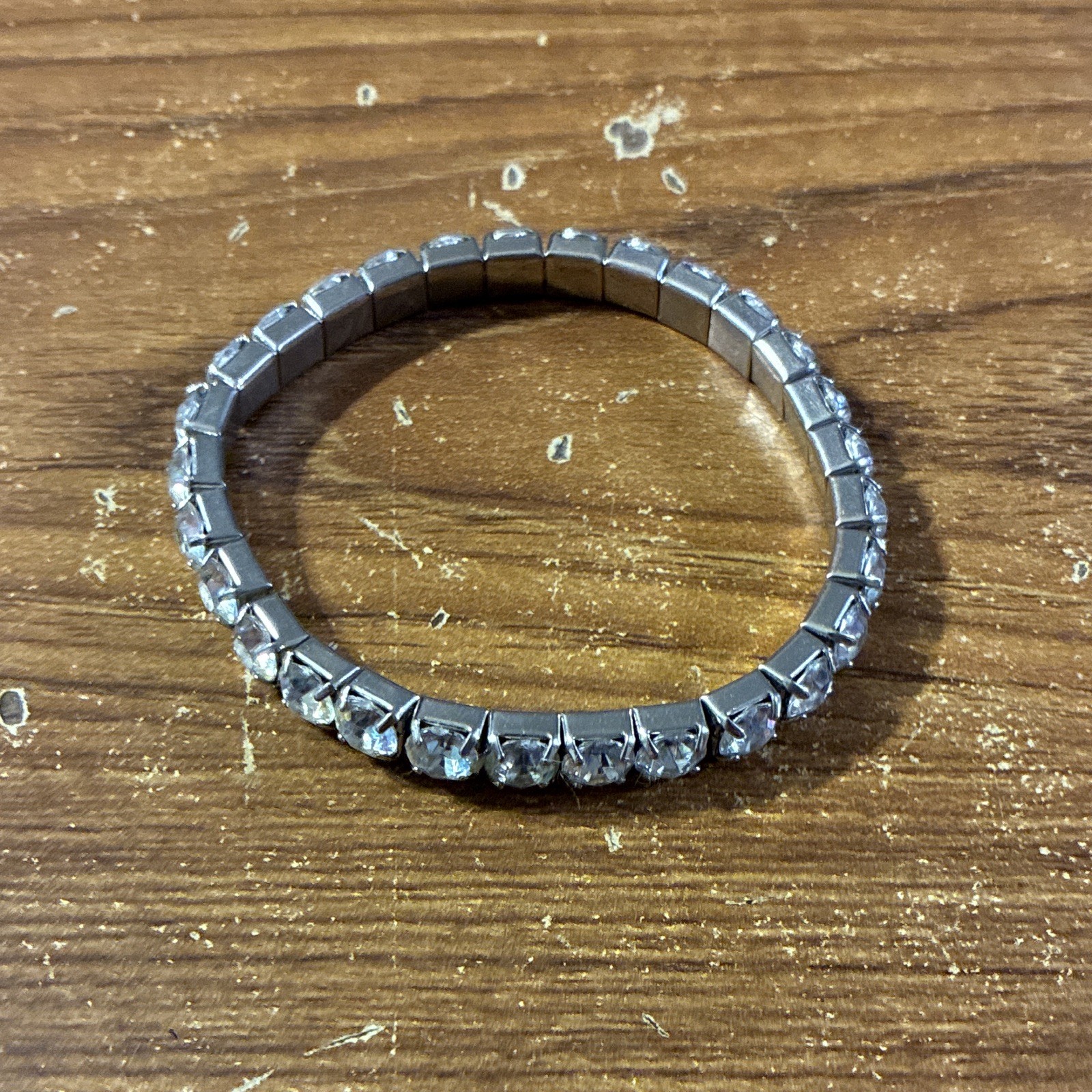 Silver Tone Stretch Tennis Bracelet Round Clear Crystal Prong Set