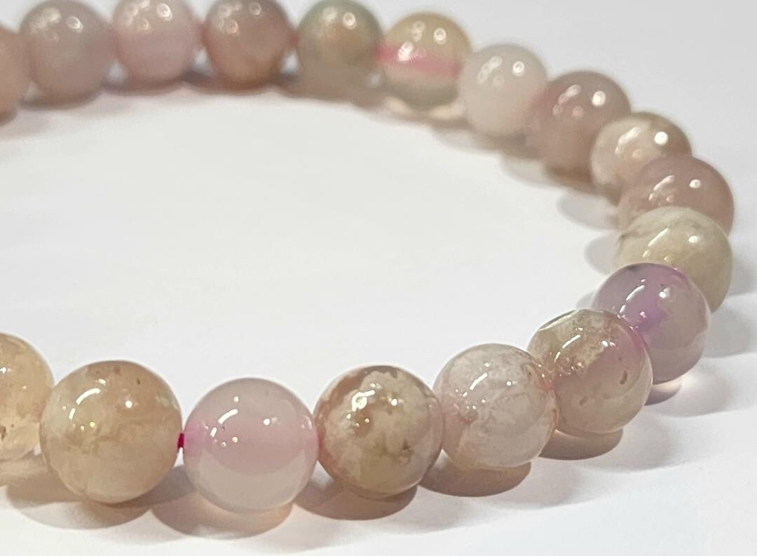 8mm Flower Agate Natural Round Gemstone Bead 7-inch Stretch Bracelet