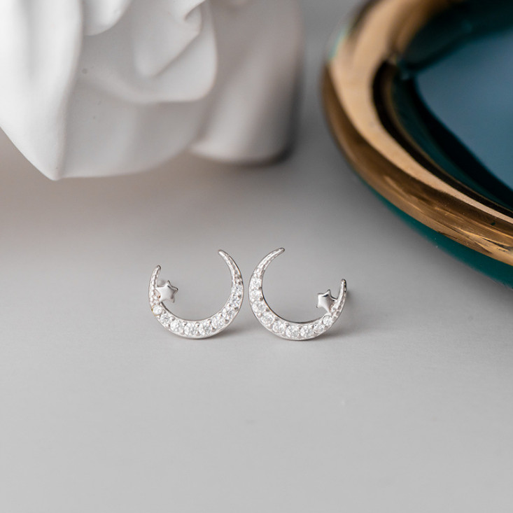 925 Sterling Silver CZ Crescent Half Moon Star Post Stud Earrings 10x8mm PE21