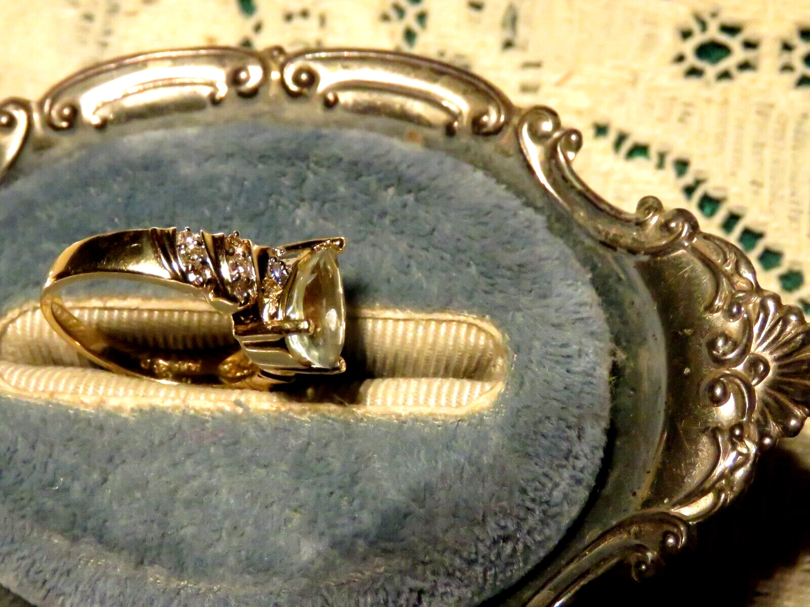 Solid 14k Yellow Gold Big 10 x7 Aquamarine 18 Diamonds Cocktail Ring 6.5 * 5.7gr