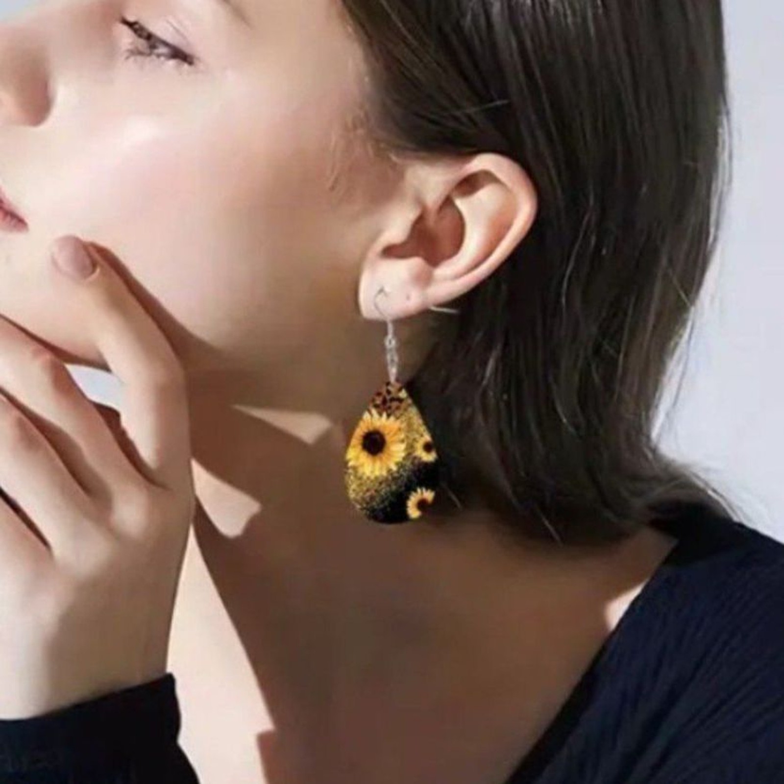 Sunflower and Leopard Teardrop Dangle Earrings Faux Leather