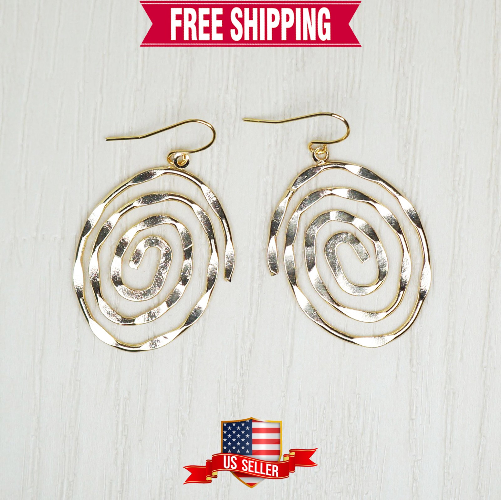 Lightweight Hammered Gold Spiral Statement Earrings, 18K Gold Ear Wires