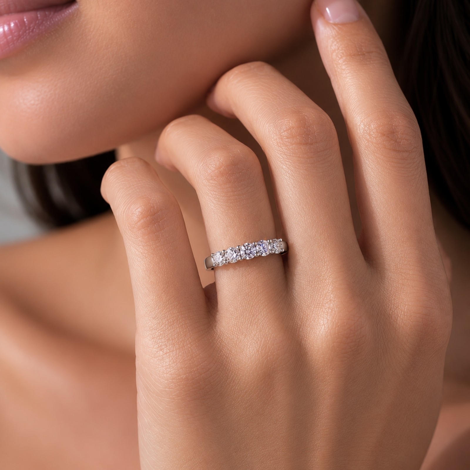 1.00–5.00ctw Round Cut F/VS+ Lab Grown Diamond 5 Stone Ring 14K Gold Women