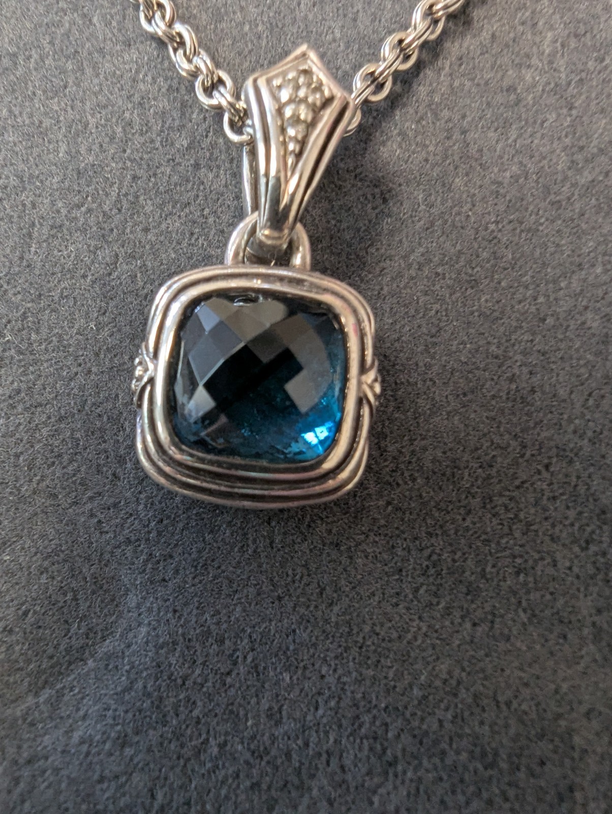 Scott Kay Sterling Silver Blue Stone Spinel? And Diamond Cushion Necklace