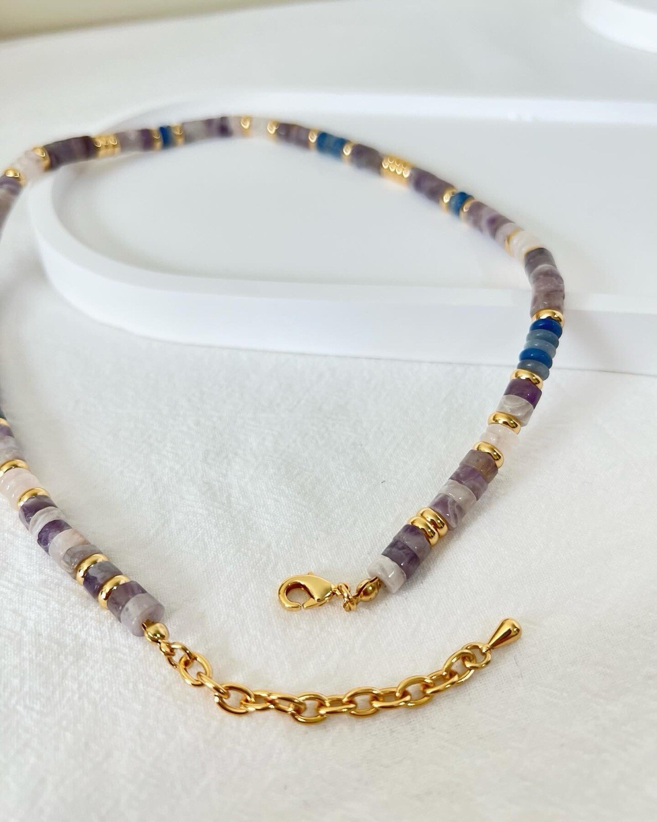 Layered Jade Necklace Set, Purple/Blue/White Beads, 18K Gold Plated, Handmade