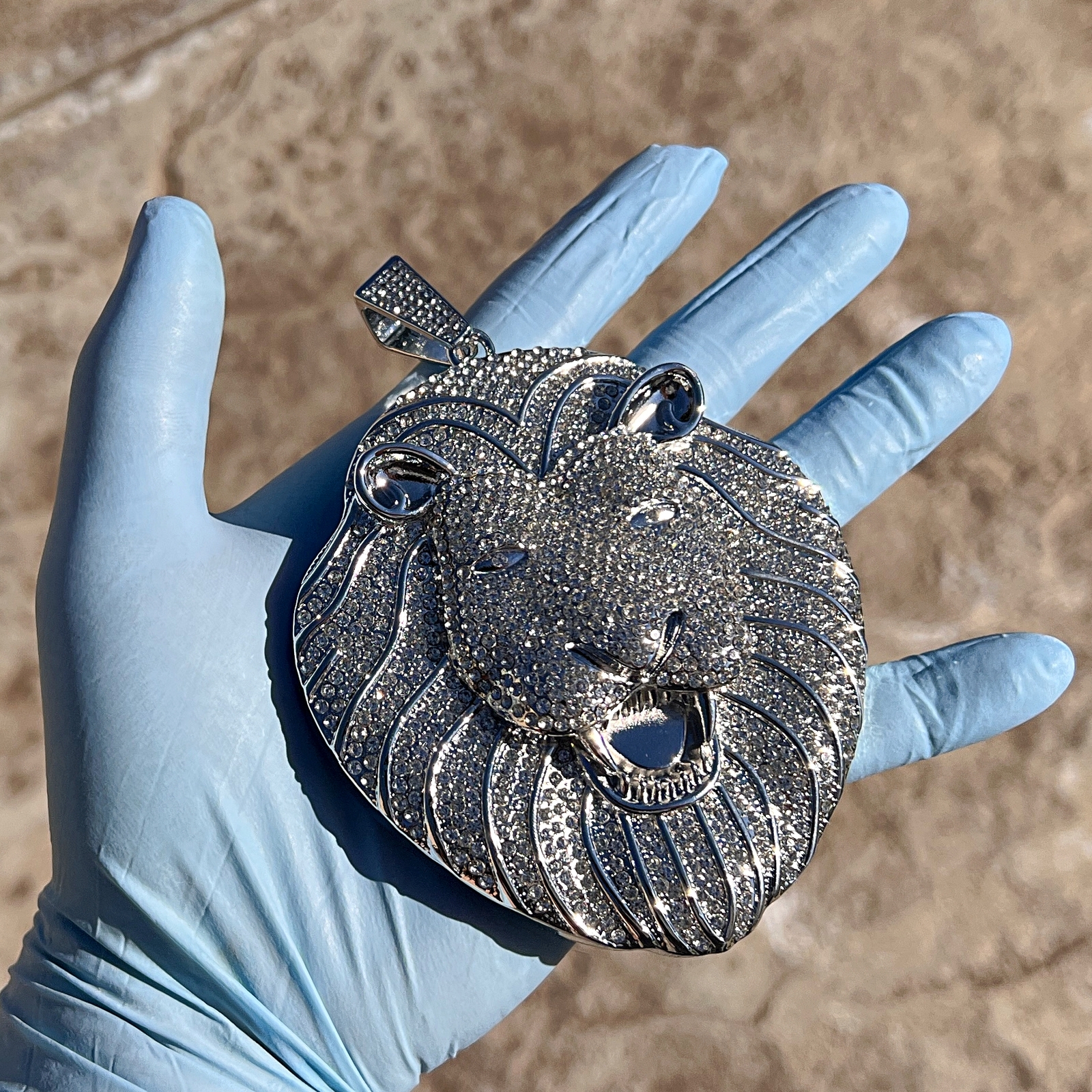 Men Huge Big Lion Head Iced Flooded Out Hip Hop Pendant Simulated CZ Silver Tone