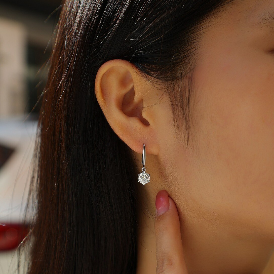 6.5mm Round Cut VVS1 Moissanite Dangle Hoop Earrings Women 925 Sterling Silver