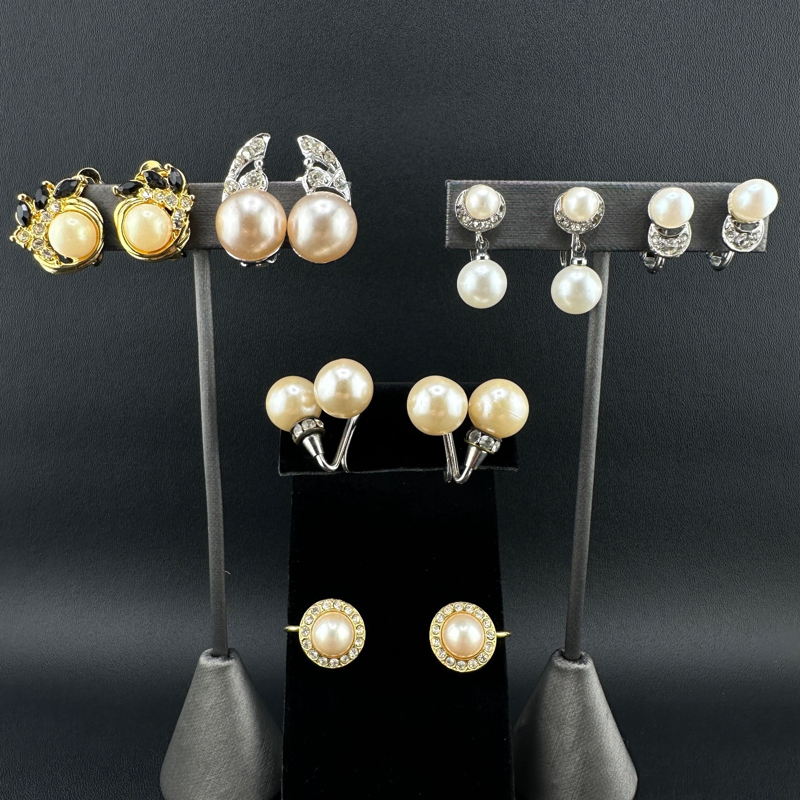 Vintage Rhinestone Faux Pearl Earrings Lot Gold Silver Tone Climber Dangle Round