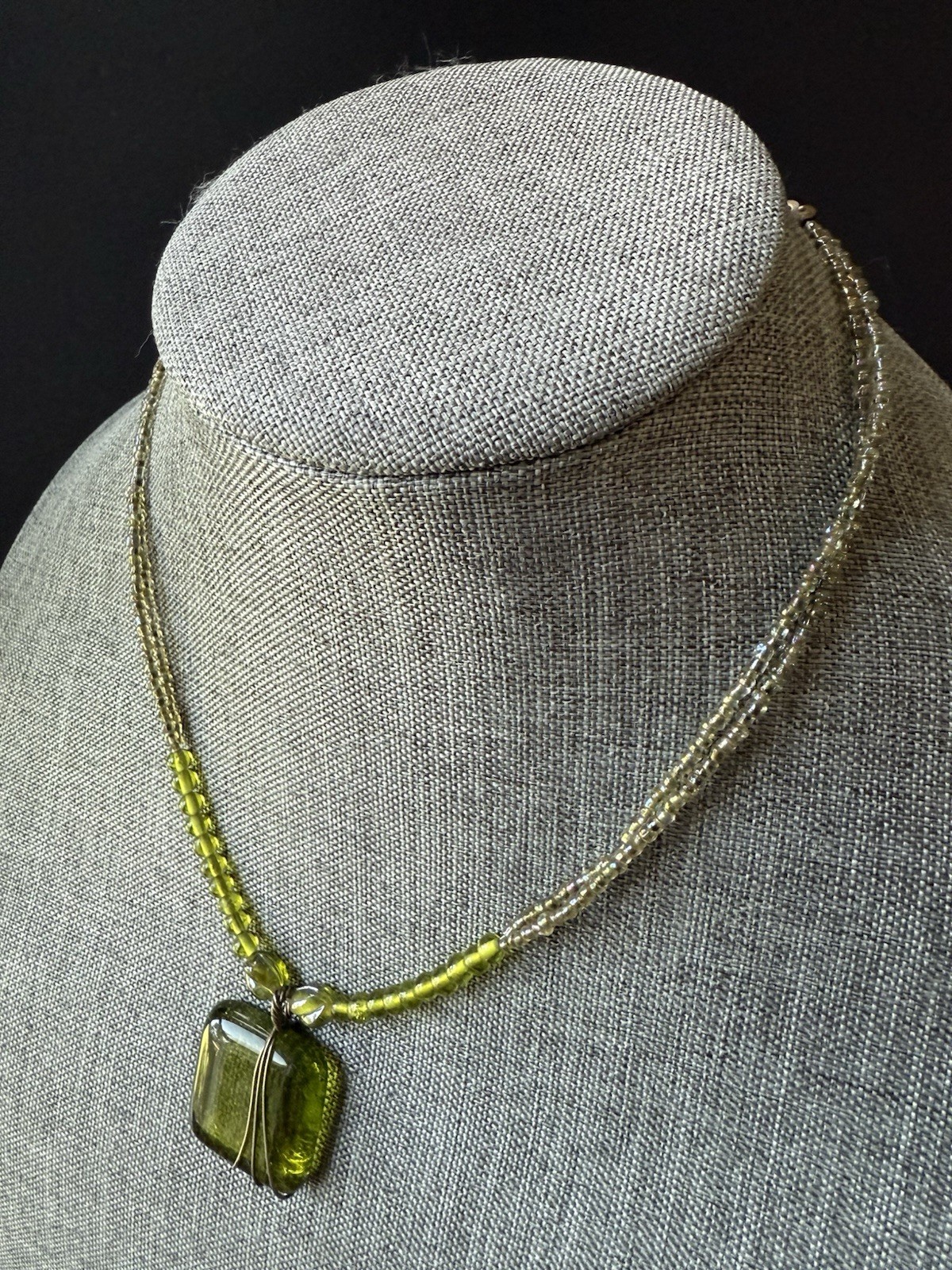 Art Glass Rectangle Wire Wrap Necklace Green Beaded Statement Choker Festival