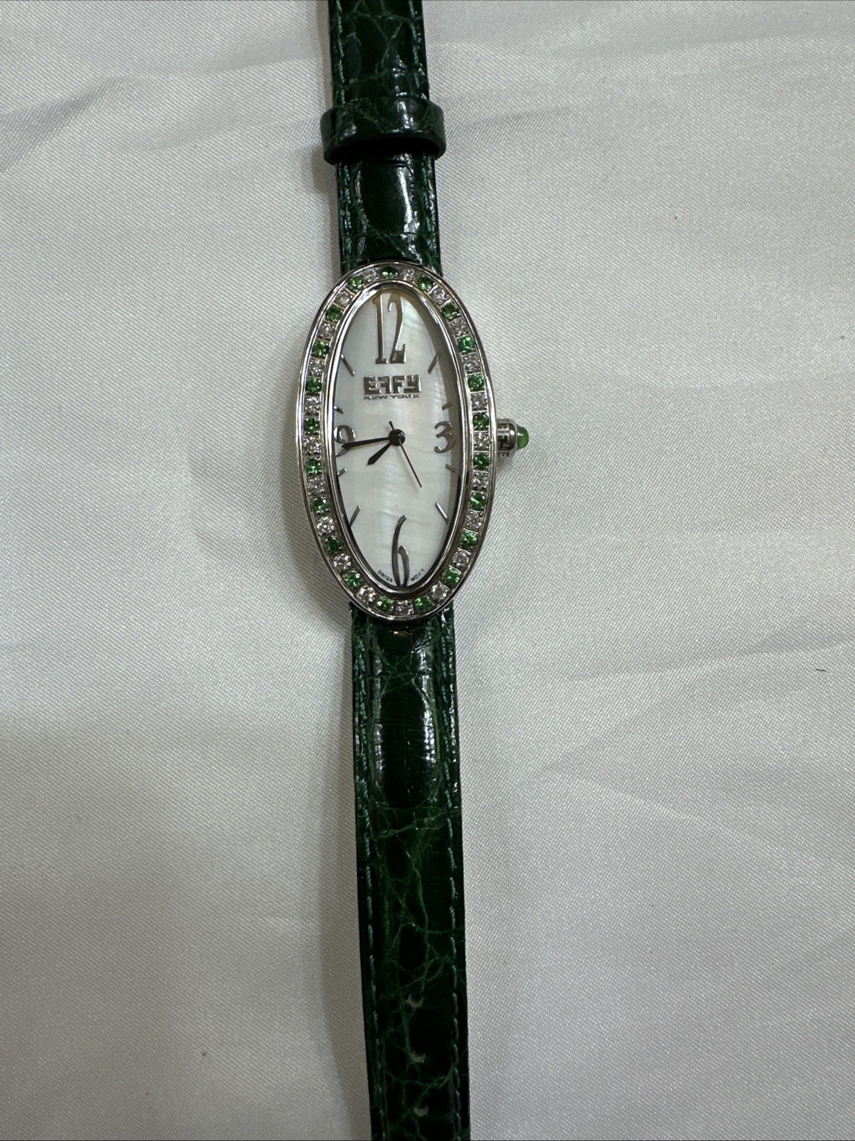 Effy Diamond & Tsavorite 1.78 Ct Swiss Quartz Ladies Watch Green Crocodile Strap