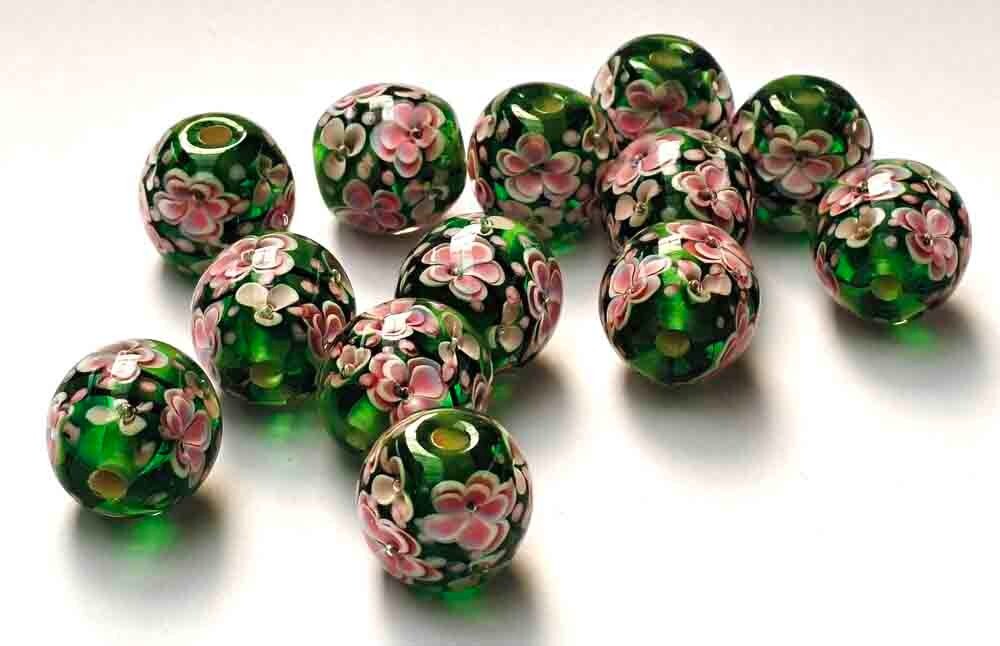 10pcs handmade Lampwork glass beads glass Pink plum flower round on Green 14mm