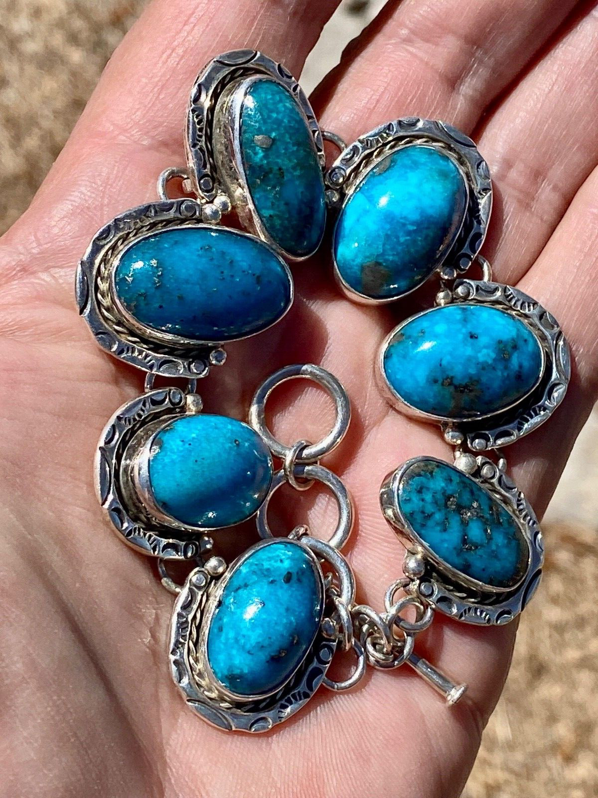 49.05 Gram Turquoise Persian Blue Cabochon Bracelet Bezel Sterling Silver Ttl Wt