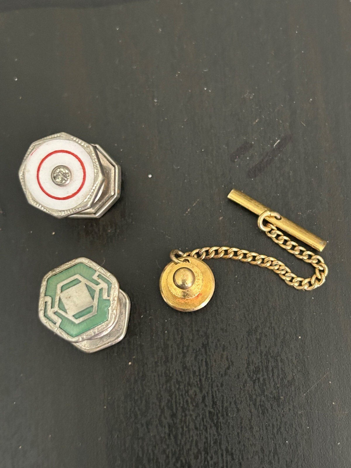 Vintage Art Deco Cufflinks & Tie Bar Set With Chain Vintage Men’s Fashion