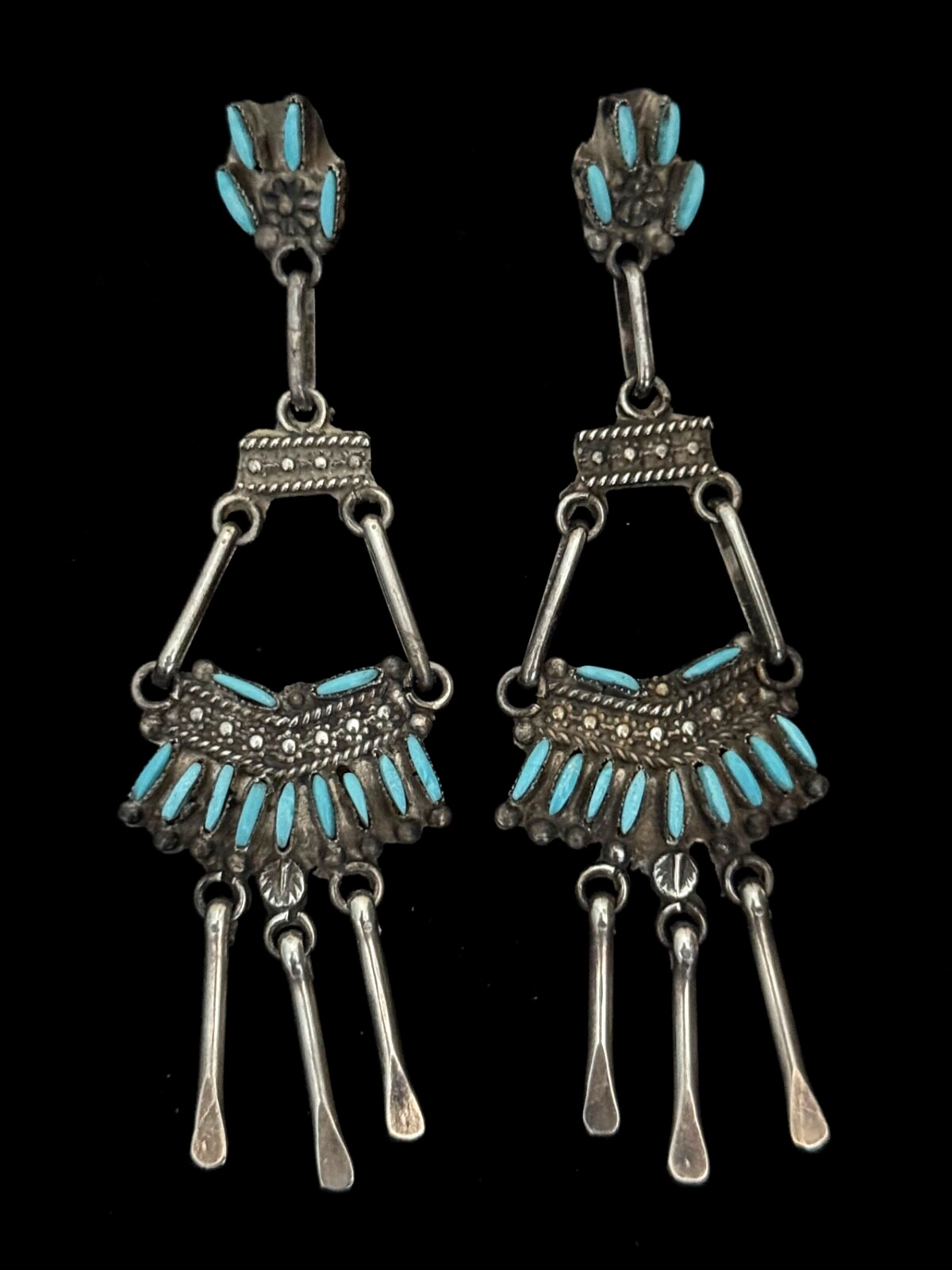 Vintage ZUNI Needlepoint Turquoise CHANDELIERS Sterling Dangle Earrings 3.75 in