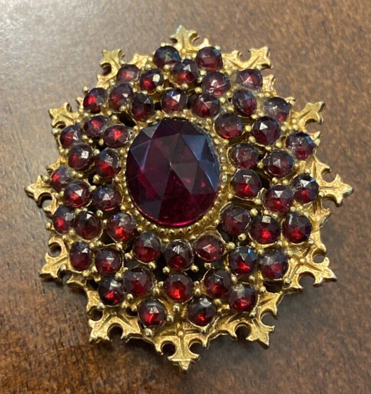 Vintage ART Arthur Pepper Bohemian Faux Garnet Gold Tone Brooch Signed