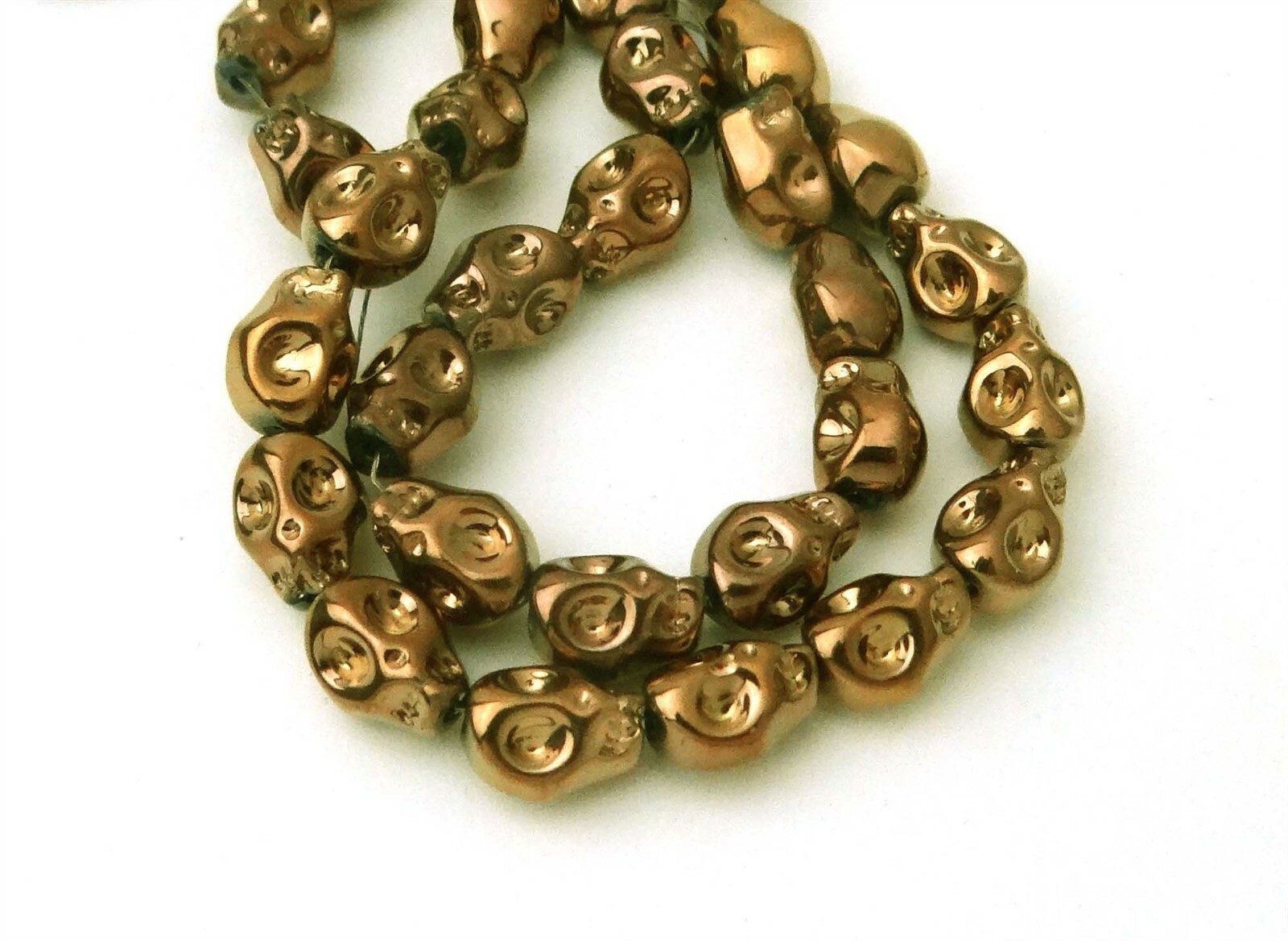 10mm Tiny Glass Metallic Coated Skull Beads Halloween 15pc Antique Gold Brownish