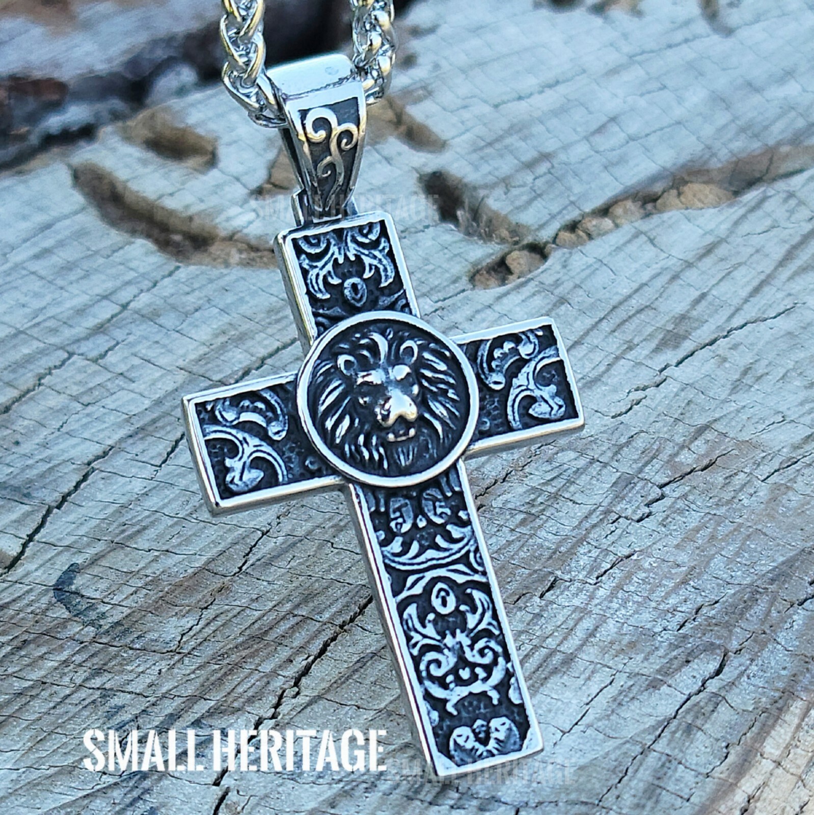 Stainless Steel Lion Cross Necklace Christian Pendant Medieval Style Men Women