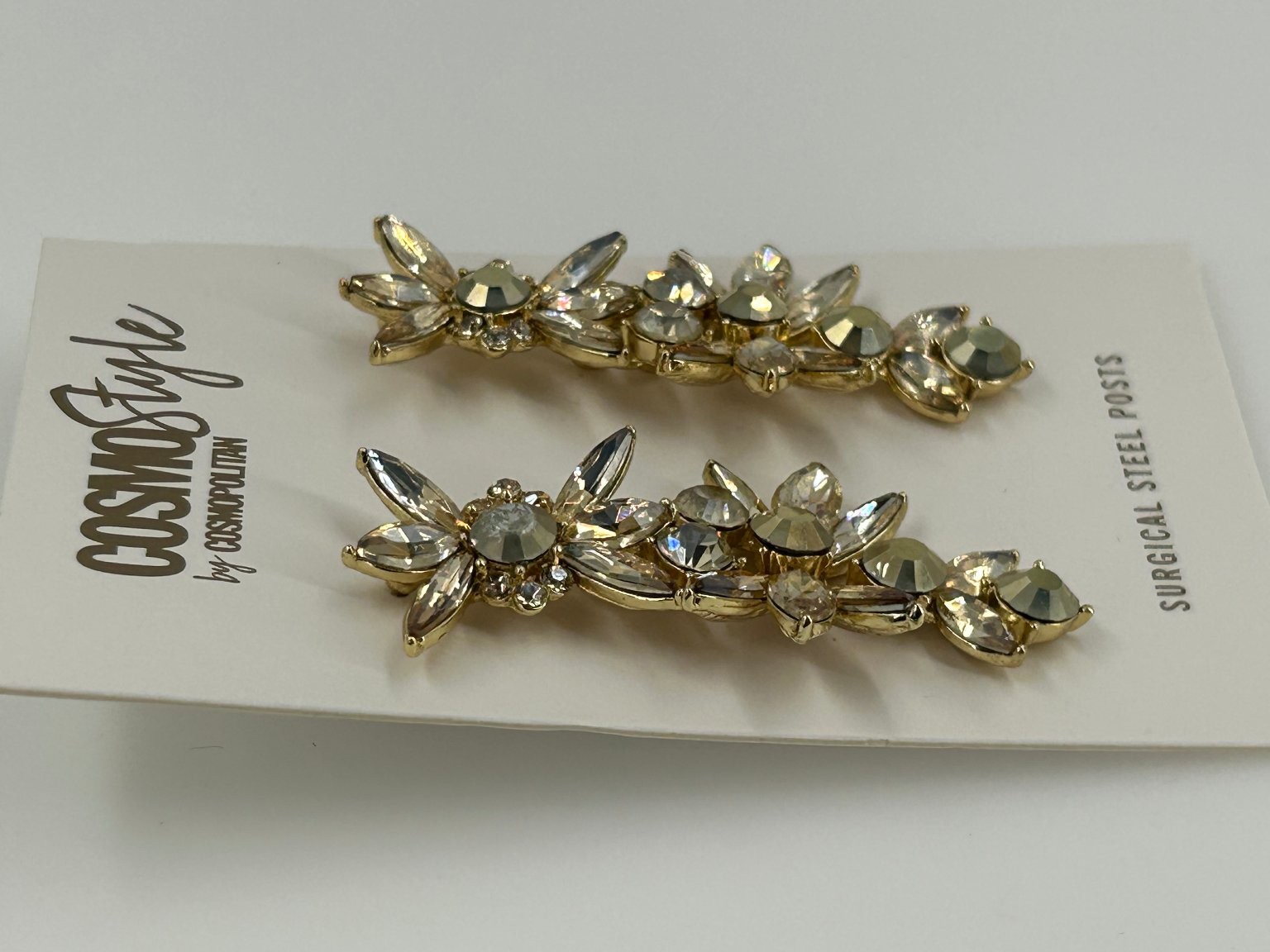 CosmoStyle Floral Drop Earrings 2.25in Gold Tone Clear Crystals