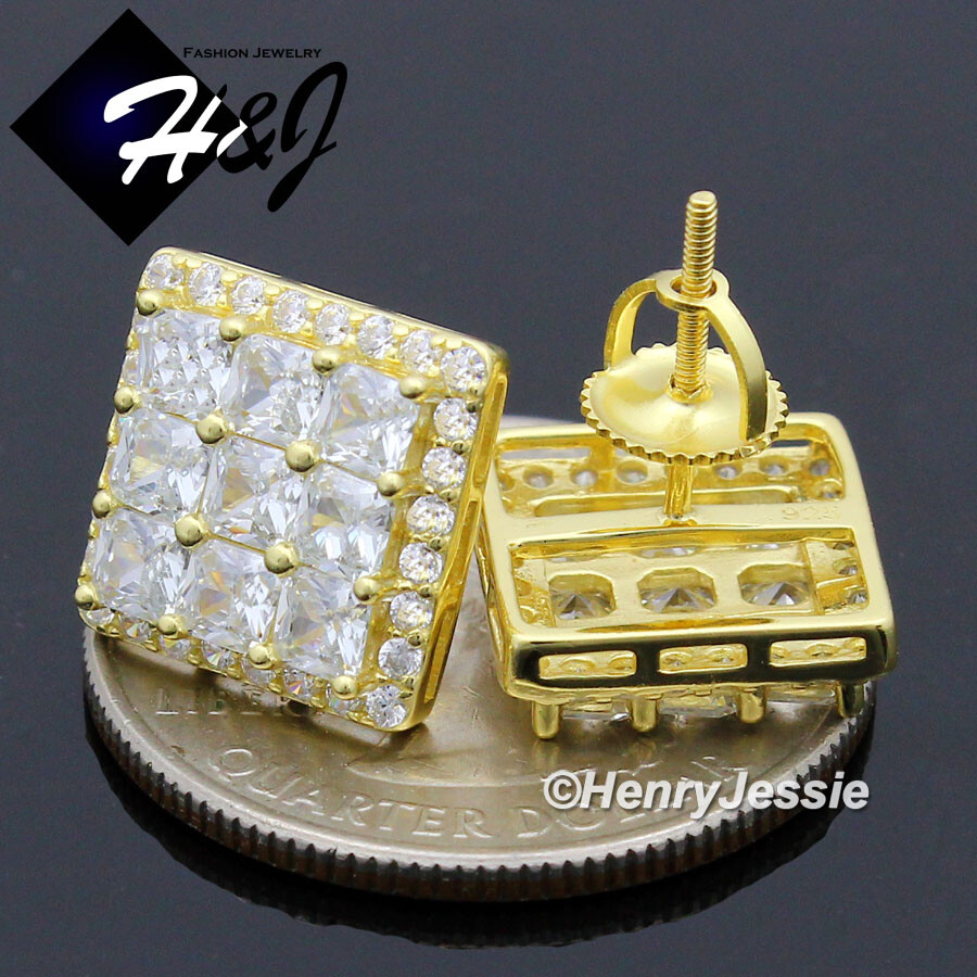 925 STERLING SILVER 12MM SQUARE ICY CUBIC ZIRCONIA GOLD PLATED STUD EARRING*E205
