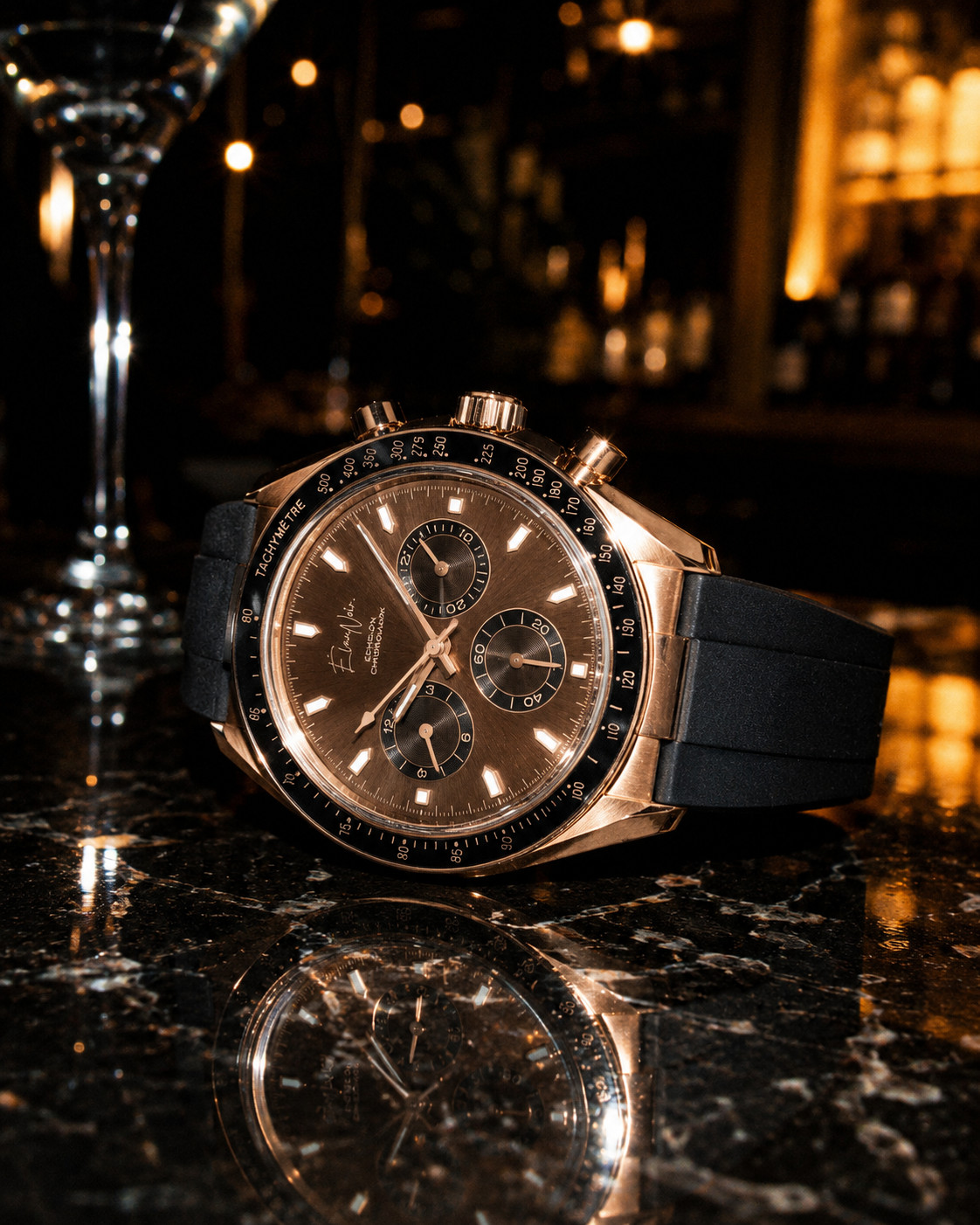 Élan Noir Chronograph Watch VK63 Brown Dial Rose Case SapphireCrystal Steel 40mm