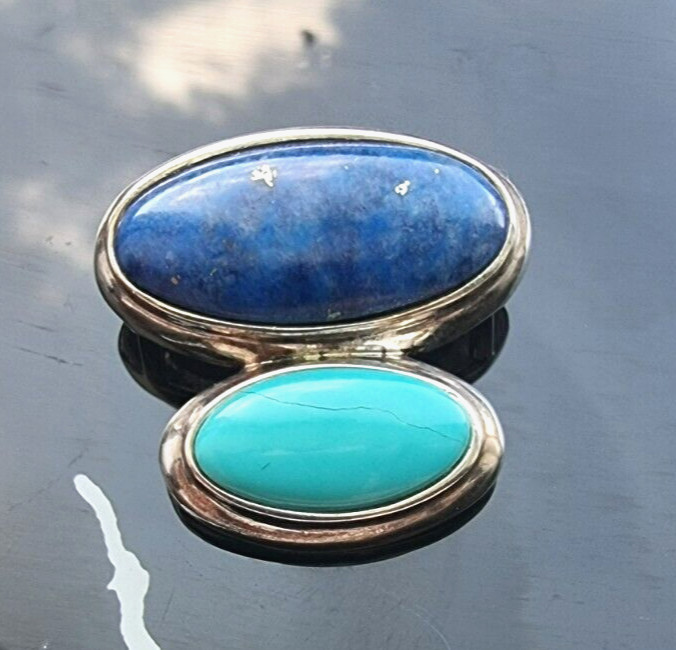 925 STERLING SILVER OVAL 20×19 mm. LAPIS AND OVAL 14×7 mm. TURQUOISE NECKLACE