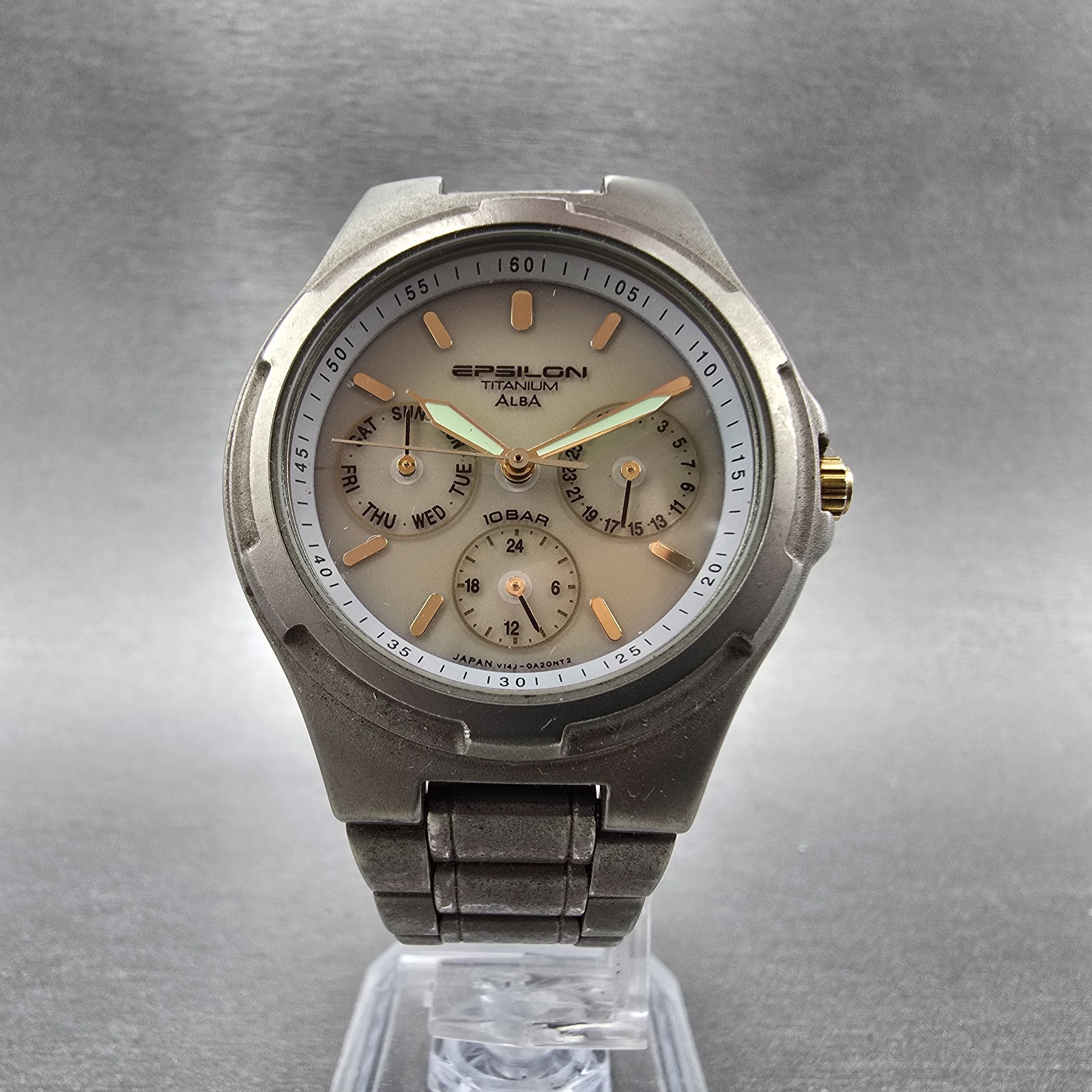 Seiko Alba Epsilon Watch Men 36mm Gray Dial Titanium Daydate V14J-0A10 Runs