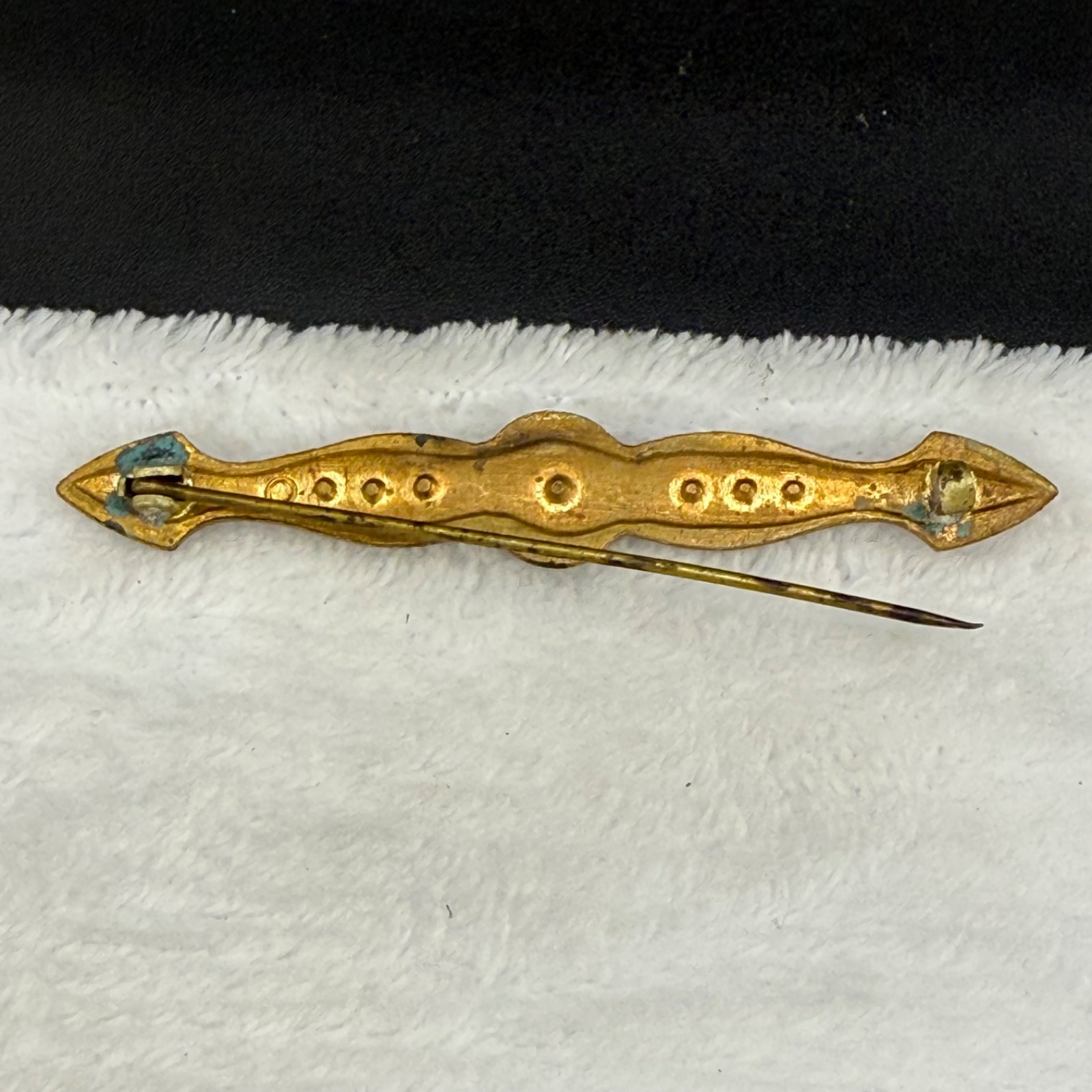 Vintage Art Nouveau Bar Brooch Blue Rhinestone Gold Tone